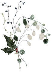Watercolor winter floral bouquet illustration. Christmas greenery floral arrangement, delicate botanical soft wildflowers