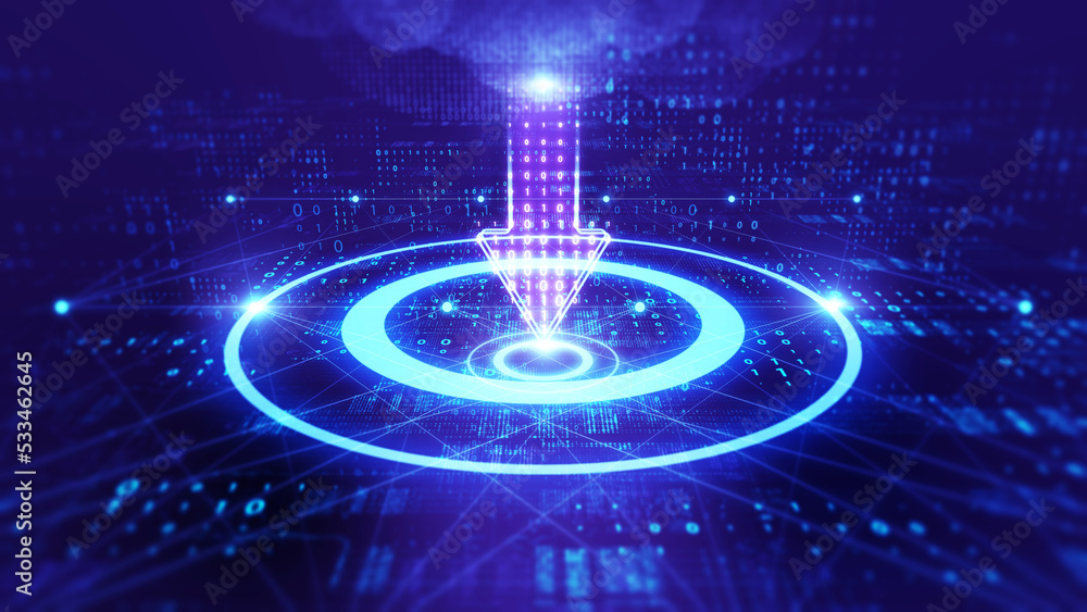 Poster Technology background moving data array/Technological background data transmission channel. Motion of digital data flow. Transferring of big data. Transfer and storage of data sets. 3d rendering