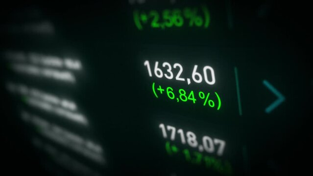 Stock Market And Exchange Board Background/ 
4k animation of a business stock exchange market background with bitcoins currencies data and numbers and close-up of software screen with depth of field
