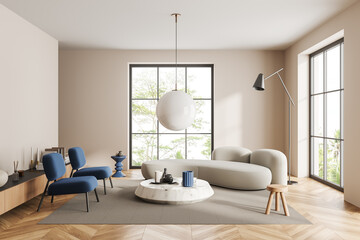 Naklejka na ściany i meble Front view on bright living room interior with armchairs, sofa