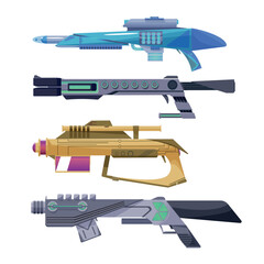 Vector blaster, set game blasters space aliens laser guns and rifles children playing isolated, Laser handgun, Futuristic space game design weapon,Cosmic army raygun equipment