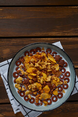 Variety of cold cereals, quick breakfast for kids. Brown wooden background