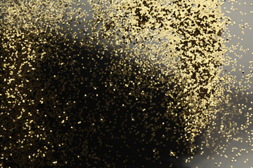 Fototapeta na wymiar Gold (bronze) glitter shine glow dots circle confetti on black. Abstract light blink sparkle horizontal backgound.