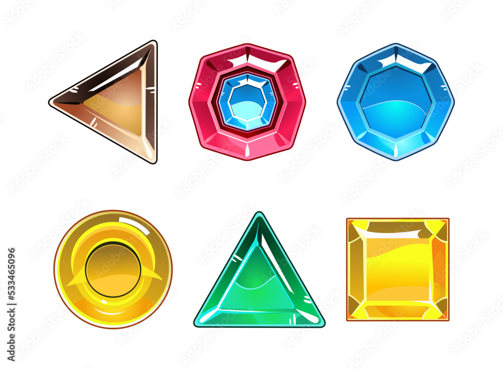 Poster set of gems and jewel buttons for mobile app and game design cartoon vector illustration