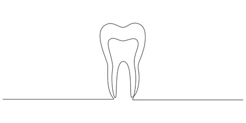 One continuous line drawing of human tooth. Oral hygiene and health concept for stomatology care and dental clinic logo in simple linear style. Outline Editable stroke. Doodle vector illustration