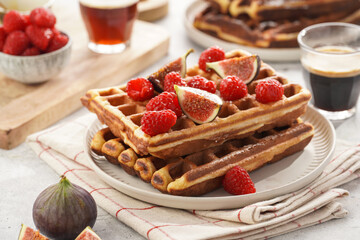 Fresh homemade sweet belgian waffles with honey, powdered sugar with fresh raspberries, kiwi berries and figs on white plate