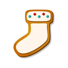 Christmas gingerbread cookies in shape of sock. Winter homemade xmas sweet biscuit with icing decoration. Cute cartoon Vector illustration
