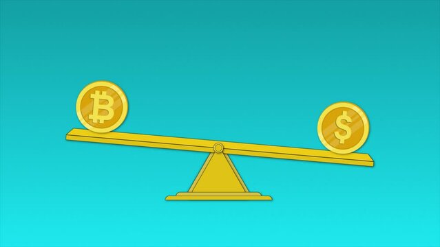 Bitcoin vs US Dollar on scale 2D animation. Real money and crypto symbols balance on leverage. Finance, technology, blockchain, seesaw, USD, fiat, btc.