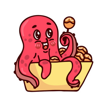 Cute octopus in a takoyaki box. Cartoon character logo.