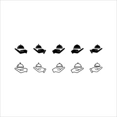 Closed food tray in hands hotel room service icon set.