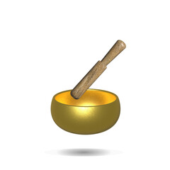 3D Realistic Tibetan singing bowls with stick isolated on white background. golden singing bowls isolated.

