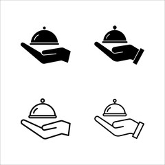 Closed food tray in hands hotel room service icon set.