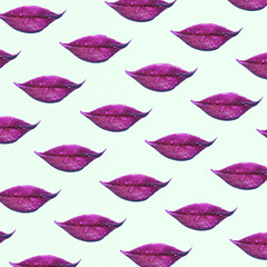 Fresh leaf creatively painted, purple lips pattern on a pastel background. 