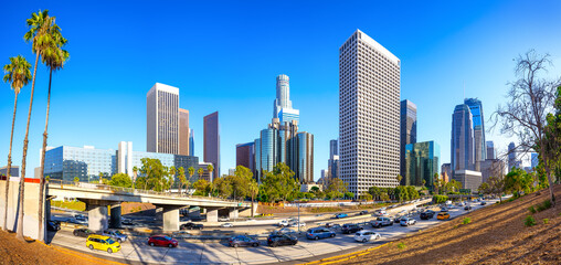 the skyline of los angeles on a sunny day