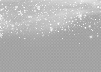 Fototapeta na wymiar Many white cold flake elements. Magic Christmas eve snowfall. Xmas snowflakes in different shapes and forms. Falling Christmas shining transparent beautiful snow with snowdrifts. Vector illustration