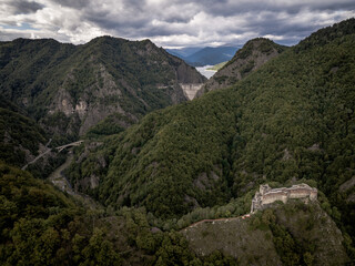 Fototapeta na wymiar Aerial view of Vidraru Dam and Poenari Citadel in Romania