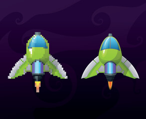 Modern cartoon illustration with spaceship vector for concept design. Game element. Rocket  icon. Space futuristic creative design. Pixel and 2d models set, spaceship from videogame