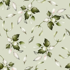Christmas seamless pattern with mistletoe and leaves watercolor style
