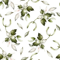Christmas seamless pattern with mistletoe and leaves watercolor style