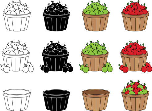 Apple Picking Basket or Bushel Clipart - Outline, Silhouette and Color