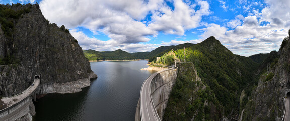 Aerial view of the Vidraru Reservoir in the Fagaras Mountains in Romania