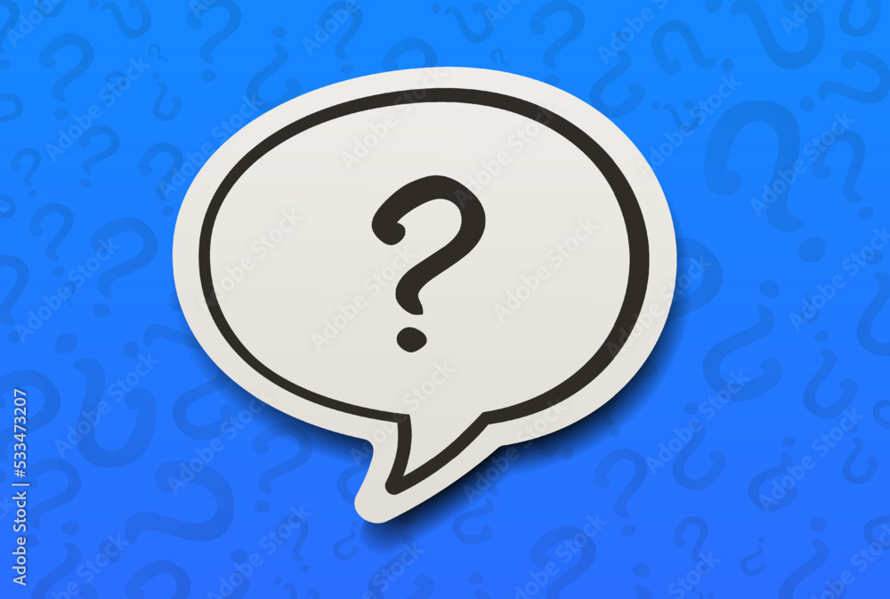 Poster Question mark on paper speech bubble with blue question cartoon pattern background. Chatting messaging communication concept.