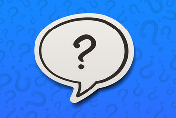 Question mark on paper speech bubble with blue question cartoon pattern background. Chatting messaging communication concept.