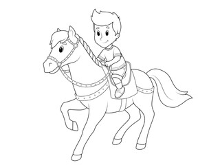 Boy riding a pony. Coloring book, raster.