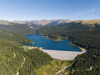 Obraz na płótnie Canvas Aerial view of Lake Bolboci in the Bucegi Mountains, Romania