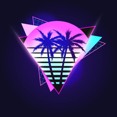 Synthwave Vector Illustration for apparel with Palms, Sunset, grid, neons and triangles