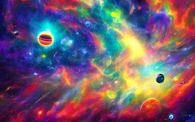 Obraz premium I am looking at a dreamy, psychedelic solar system. The sun is a bright orange ball in the center of the painting, and around it are swirls of blue and green planets and stars. Some of the planets hav