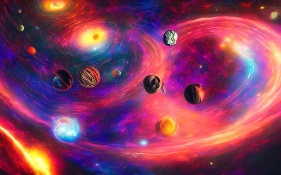 There's a dreamy, psychedelic solar system in this picture. The sun is a bright orange ball, and the planets are different colors--red, yellow, green, blue. They're all orbiting around the sun in perf