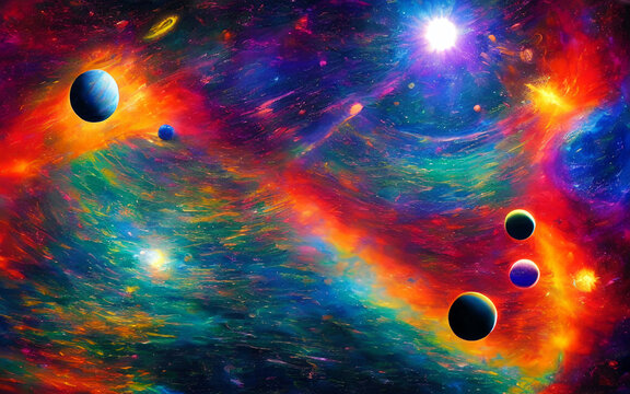 In this picture, the solar system is represented in a dreamy and psychedelic way. The planets are brightly colored and have an otherworldly appearance. They seem to be floating in a deep black space. 