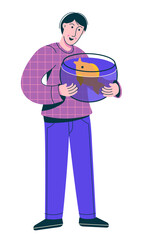 Man holding aquarium with fish. Taking care of animals and underwater inhabitants.