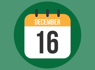16 December green calendar vector. Calendar december with circle in background clear.