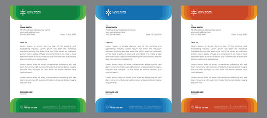 corporate modern abstract creative professional editable business letterhead template with orange, blue, and green colors, office letterhead set in flat style.