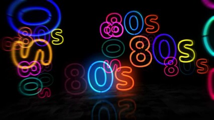 80s neon symbol. Light color bulbs. Retro 1980, eighties nostalgia and vistage party style abstract seamless and loopable concept. 3d flying through the tunnel animation.