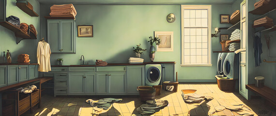 Artistic concept painting of a laundry interior, background illustration.