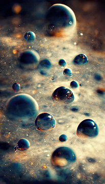 Abstract Round Macro Water Or Glass Marbles Falling Drops In Gray Cloud Like Substance, In Dark Blue Shadows And Yellow Or Orange Light Drawn Illustration