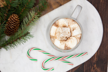 Hot chocolate with marshmallow and coco powder, pine cones, ribbon, pine needles, pine branch, dark wood, marble cutting board, Christmas concept, top view.