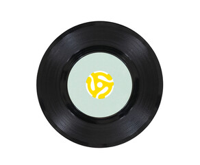 Vintage 45 rpm vinyl phonograph with yellow record player adapter isolated.