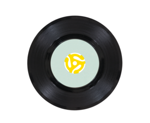 Vintage 45 rpm vinyl phonograph with yellow record player adapter isolated.