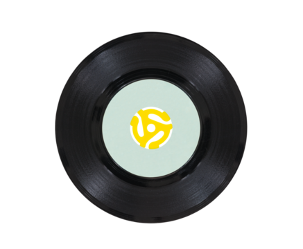 Vintage 45 rpm vinyl phonograph with yellow record player adapter isolated.