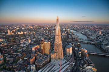 aerial view of the shard and london skyline at sunrise