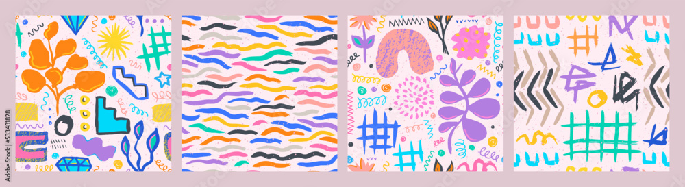 Poster hand drawn grunge doodles patterns set. abstract ornaments. backgrounds with abstract modern element