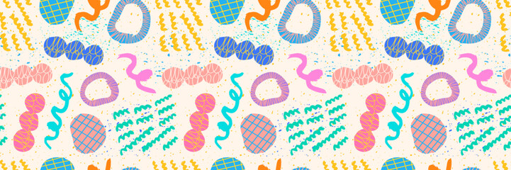 Hand drawn grunge doodles pattern. Abstract ornaments. Grunge doodles wallpaper. Background with abstract modern elements and shapes.