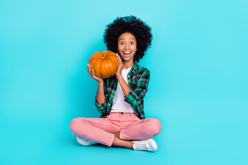 Photo of nice excited crazy lady sit floor hold little orange pumpkin wear checkered shirt isolated...