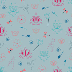 Blue grey repeat pattern design, featuring lotus flower, humming birds, dragon flies and various flowers.  Perfect for fabric, scrapbooking, quilting, wallpaper, swatches and many other projects.