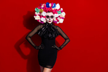 Photo of beautiful katrina calaverita lady face print culture tradition religion death day masquerade saints honor floral headband wear black dark mini dress isolated red color background
