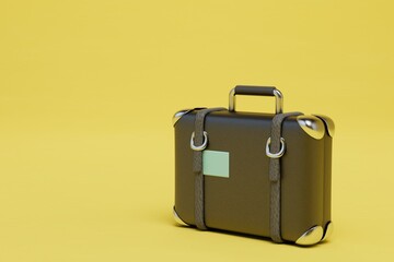 an old travel suitcase on a yellow background. copy paste, copy space. 3D render